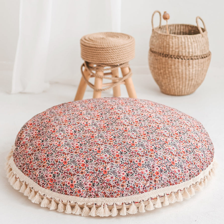 MINICAMP Large Kids Floor Cushion with Tassels - Rose Floral Pattern - OEKO-TEX Certified Cotton by Minicamp at brixbailey.com