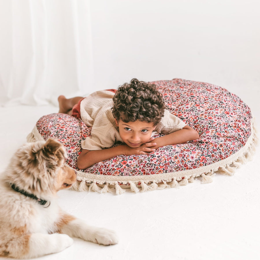 MINICAMP Large Kids Floor Cushion - Rose Floral Pattern with Tassels | OEKO-TEX Certified Cotton by Minicamp at brixbailey.com