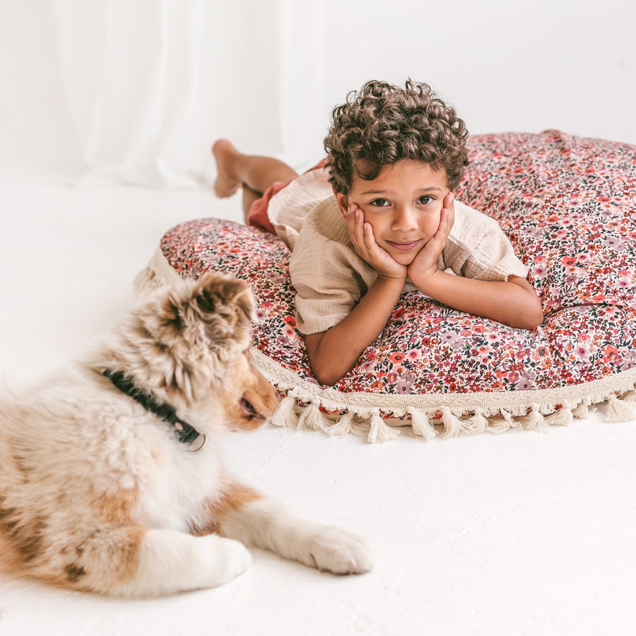 MINICAMP Large Kids Floor Cushion with Tassels - Rose Floral Pattern - OEKO-TEX Certified Cotton by Minicamp at brixbailey.com
