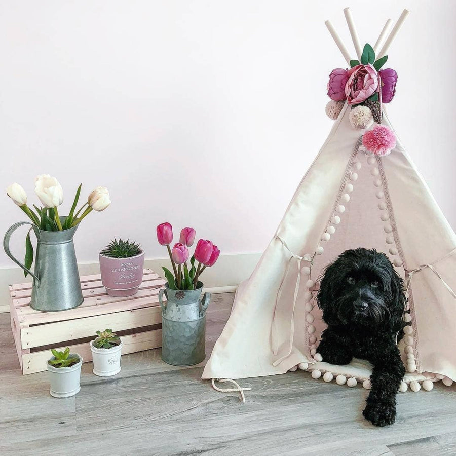 MINICAMP Dog Teepee & Large Cat Tent in Ecru with Pompoms – Size M