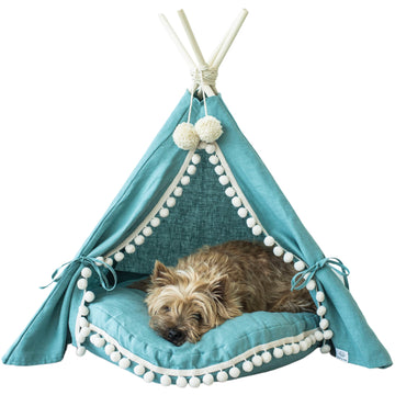MINICAMP Turquoise Linen Dog & Cat Teepee with Pillow - Cozy Pet Bed for Small to Medium Pets by Minicamp at brixbailey.com