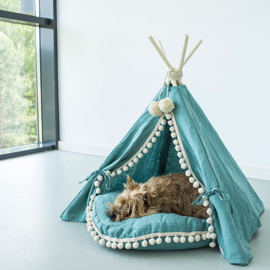 MINICAMP Turquoise Linen Dog & Cat Teepee - Cozy Pet Bed with Soft Pillow by Minicamp at brixbailey.com