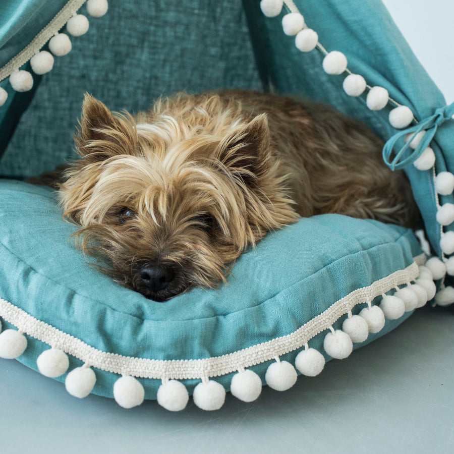 MINICAMP Turquoise Linen Dog & Cat Teepee with Pillow - Cozy Pet Bed for Small to Medium Pets by Minicamp at brixbailey.com