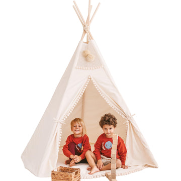 XL Kids' Teepee by Minicamp - Natural Canvas Play Tent with Pom Poms for Sleep & Play by Minicamp at brixbailey.com