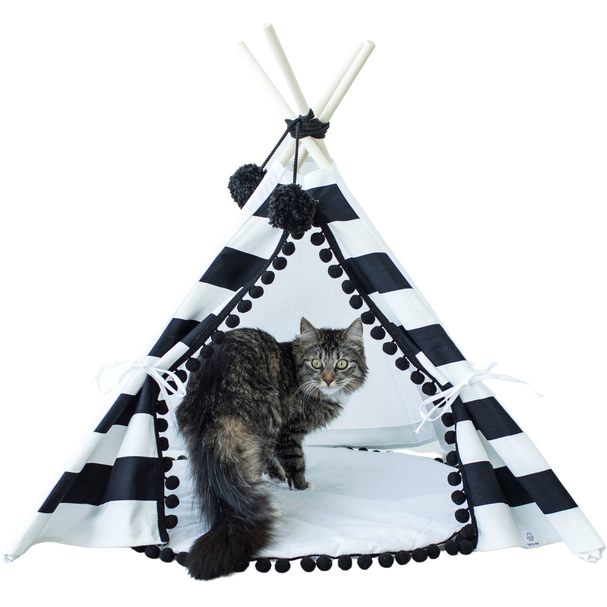 MINICAMP Teepee for Cats, Dogs & Rabbits - Black & White Striped Pet Tent with Pompoms by Minicamp at brixbailey.com