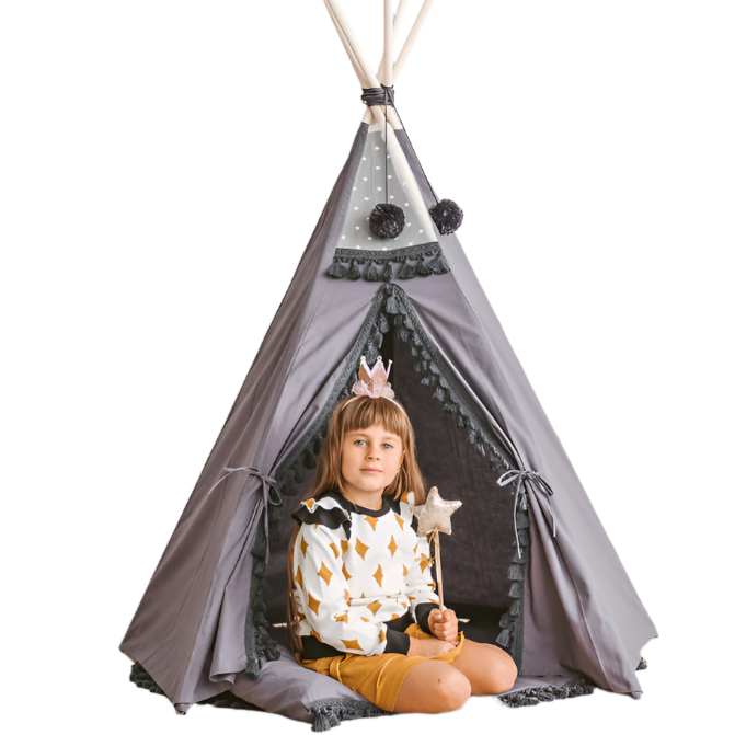 MINICAMP Grey Teepee with Handmade Pompoms - Boho Play Tent for Kids by Minicamp at brixbailey.com