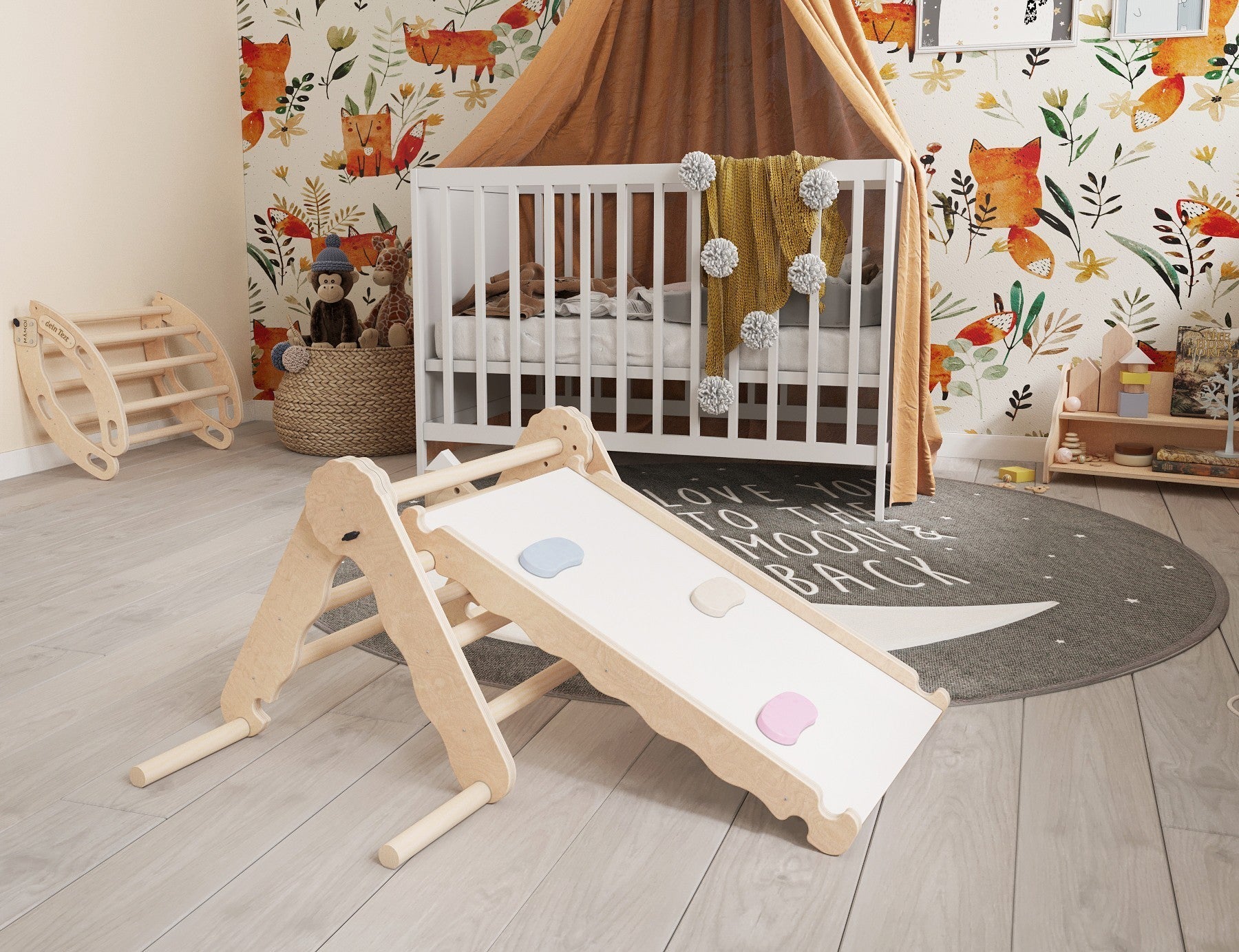 MAMOI® Klettergerüst indoor, Kletterdreieck mit rutsche holz, Baby kinder klettern, Kletterturm rutschbrett, Kletterbogen kinderrutsche, Regenbogenwippe, Montessori spielzeug ab 1 jahr 2/3 jahre-1