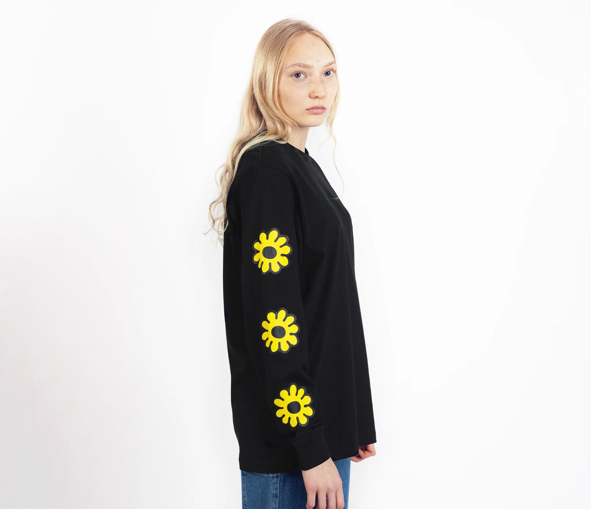Black Long Sleeve Flower Shirt with Cuff Rib
