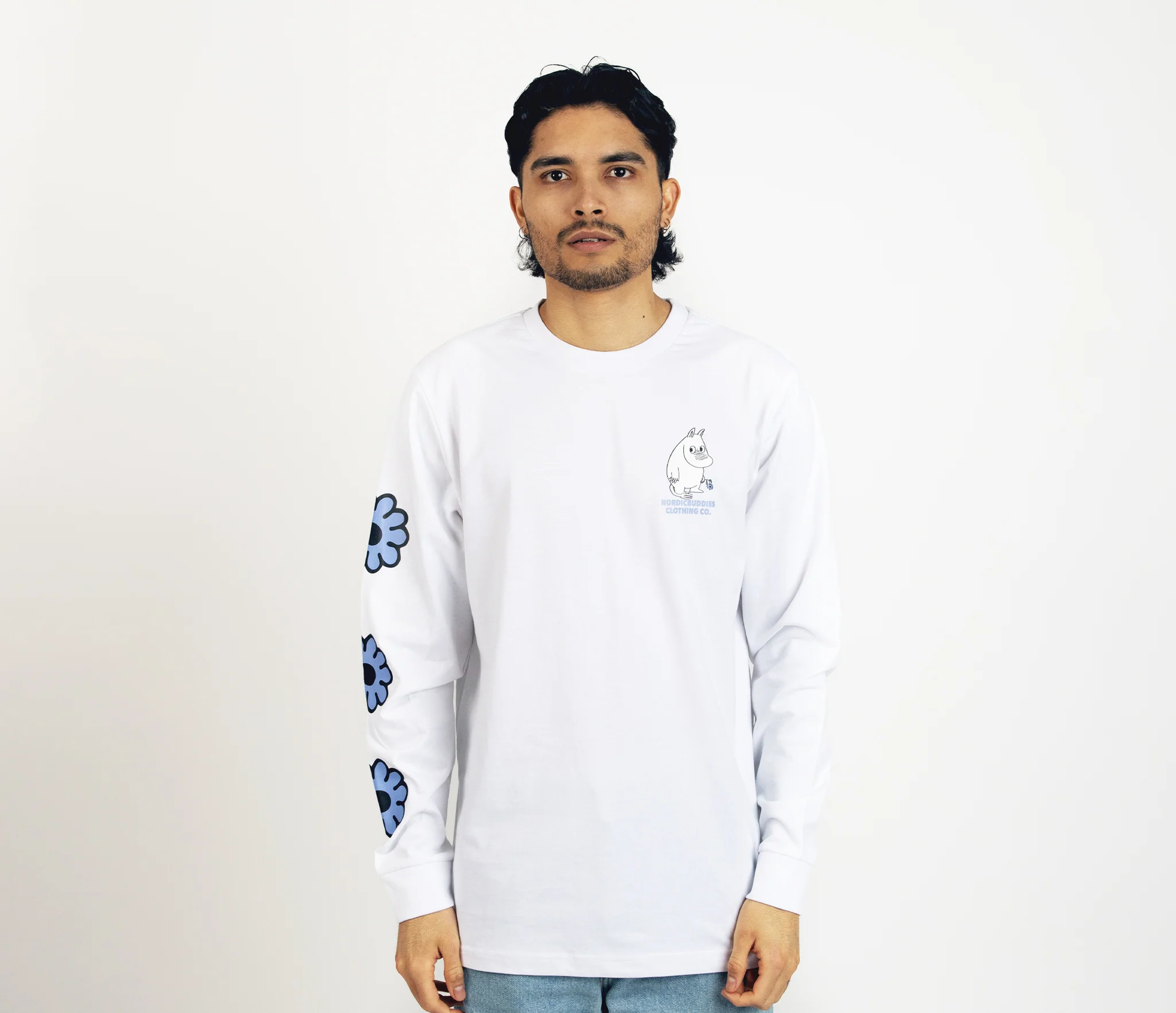 White Unisex Longsleeve Shirt with Moomintroll Flower Design