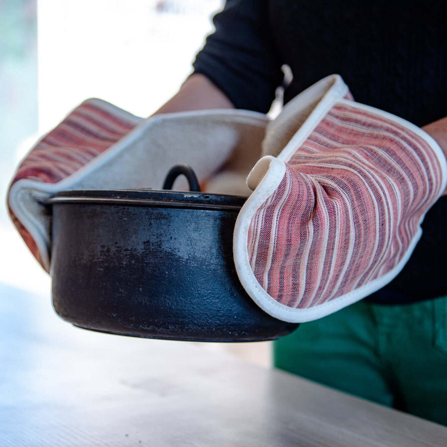 Luxury double oven glove in red and sandy cream stripes, premium handwoven cotton, limited edition, British made by Maison Elhoria at brixbailey.com
