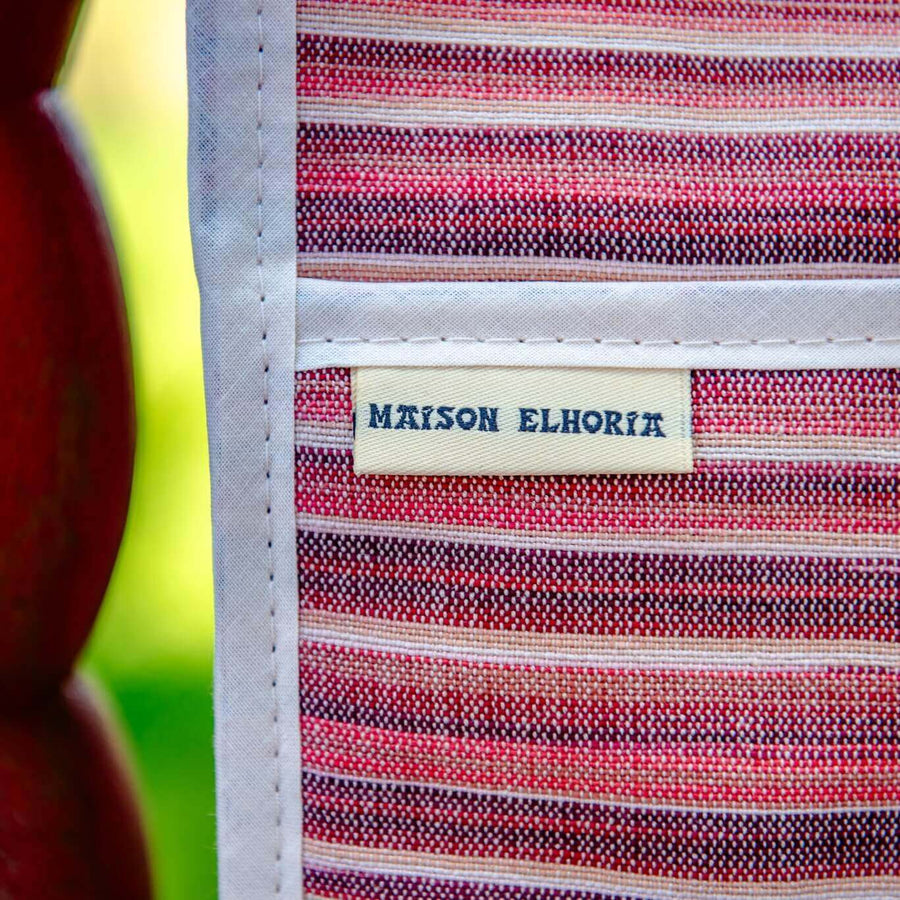 Luxury double oven glove in red and sandy cream stripes, premium handwoven cotton, limited edition, stylish cottage aesthetic by Maison Elhoria at brixbailey.com