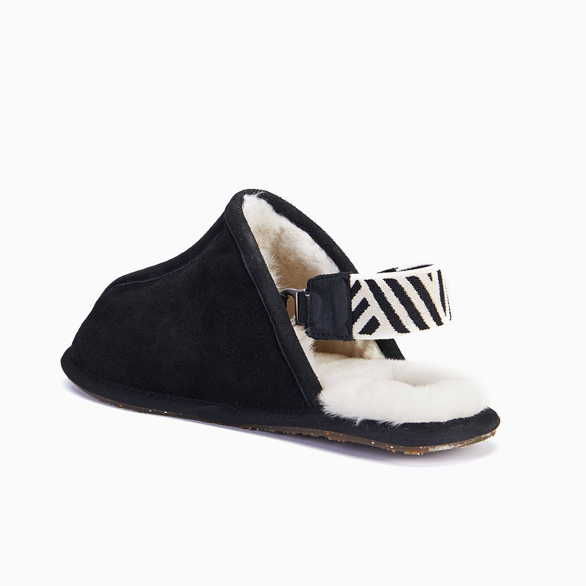 Luxury mens sheepskin slippers, slingback design with detachable strap, premium double-faced shearling, lightweight EVA sole, black and white by MANTIDY at brixbailey.com