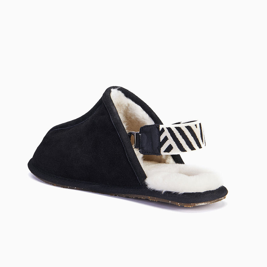 Luxury mens sheepskin slippers, slingback design with detachable strap, premium double-faced shearling, lightweight EVA sole, black and white by MANTIDY at brixbailey.com