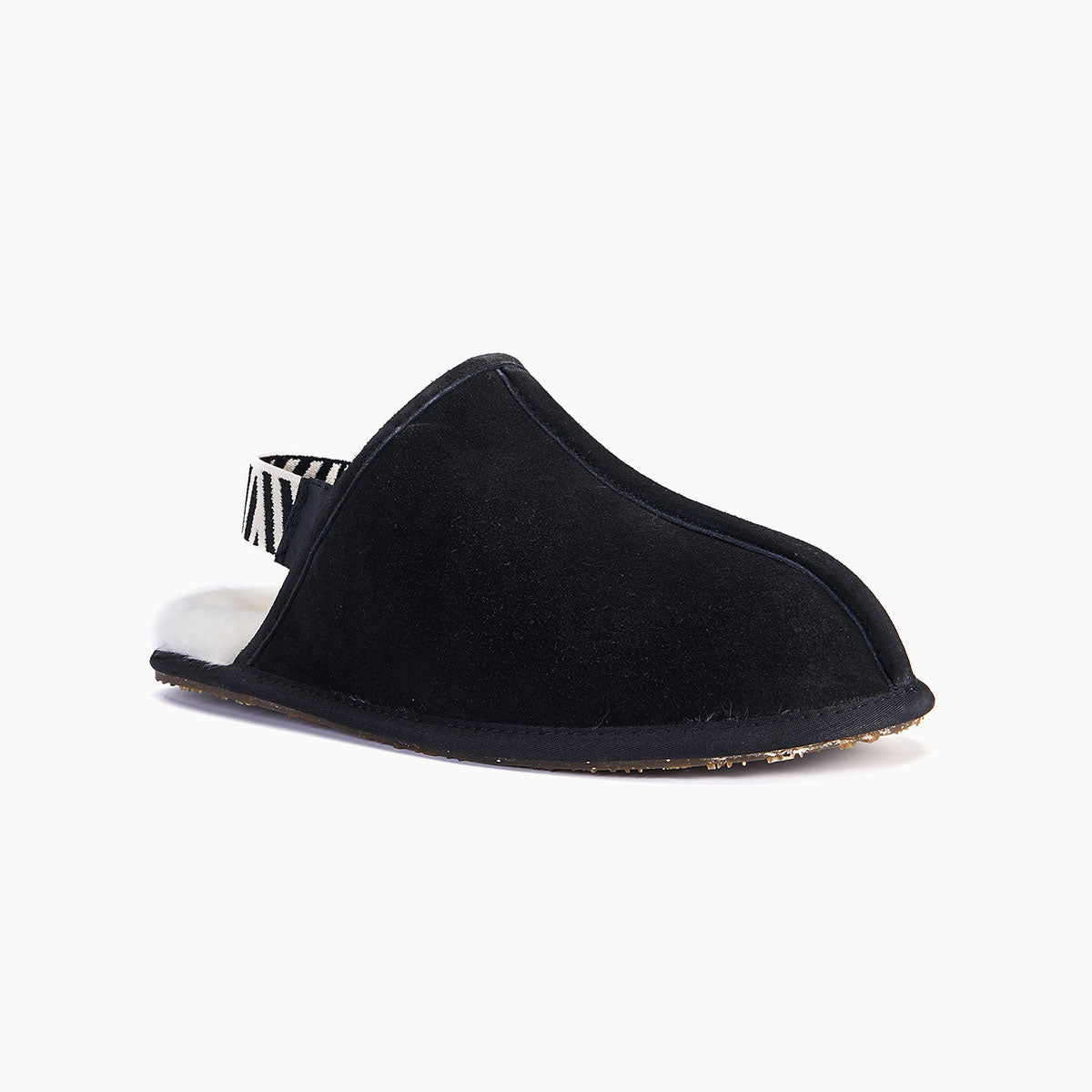 Luxury mens sheepskin slippers, slingback with detachable strap, premium shearling lined, black and white, lightweight EVA sole, soft and durable by MANTIDY at brixbailey.com