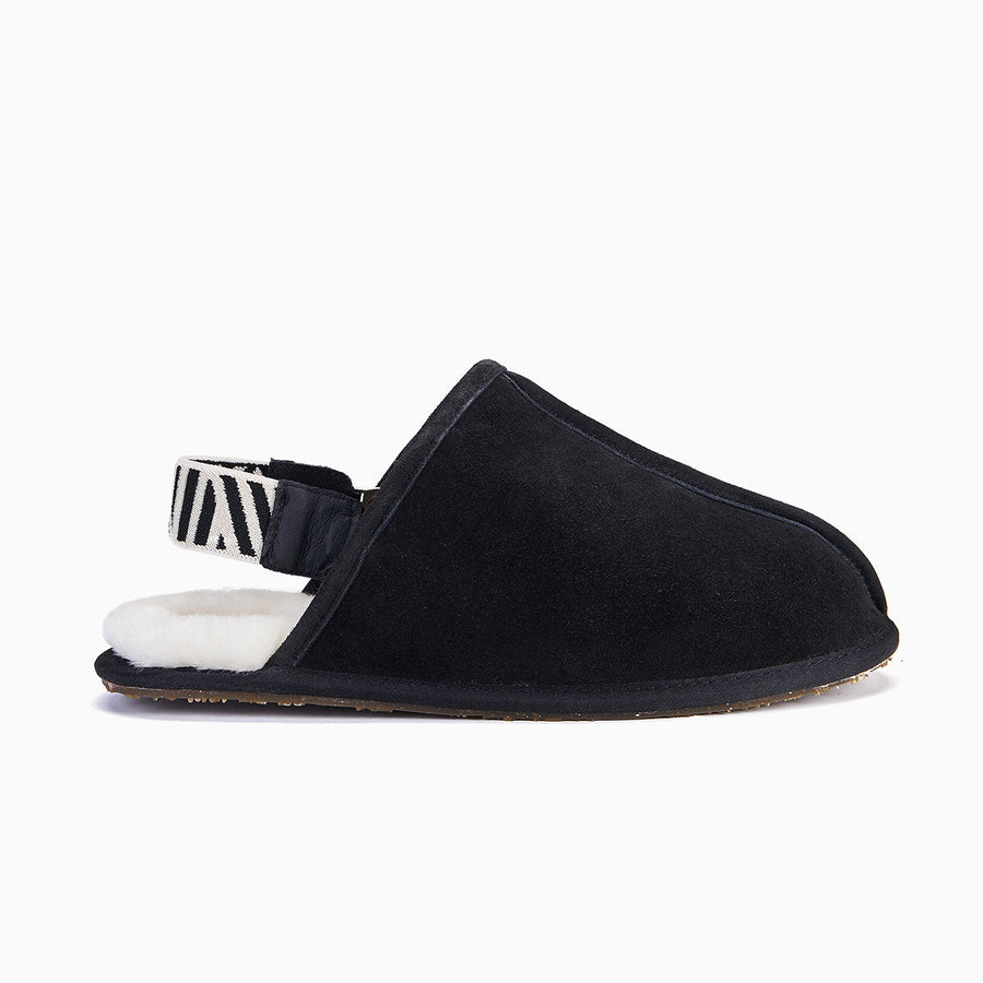 Luxury mens sheepskin slippers, slingback with detachable strap, premium shearling lined, soft black and white lounge walking shoes by MANTIDY at brixbailey.com