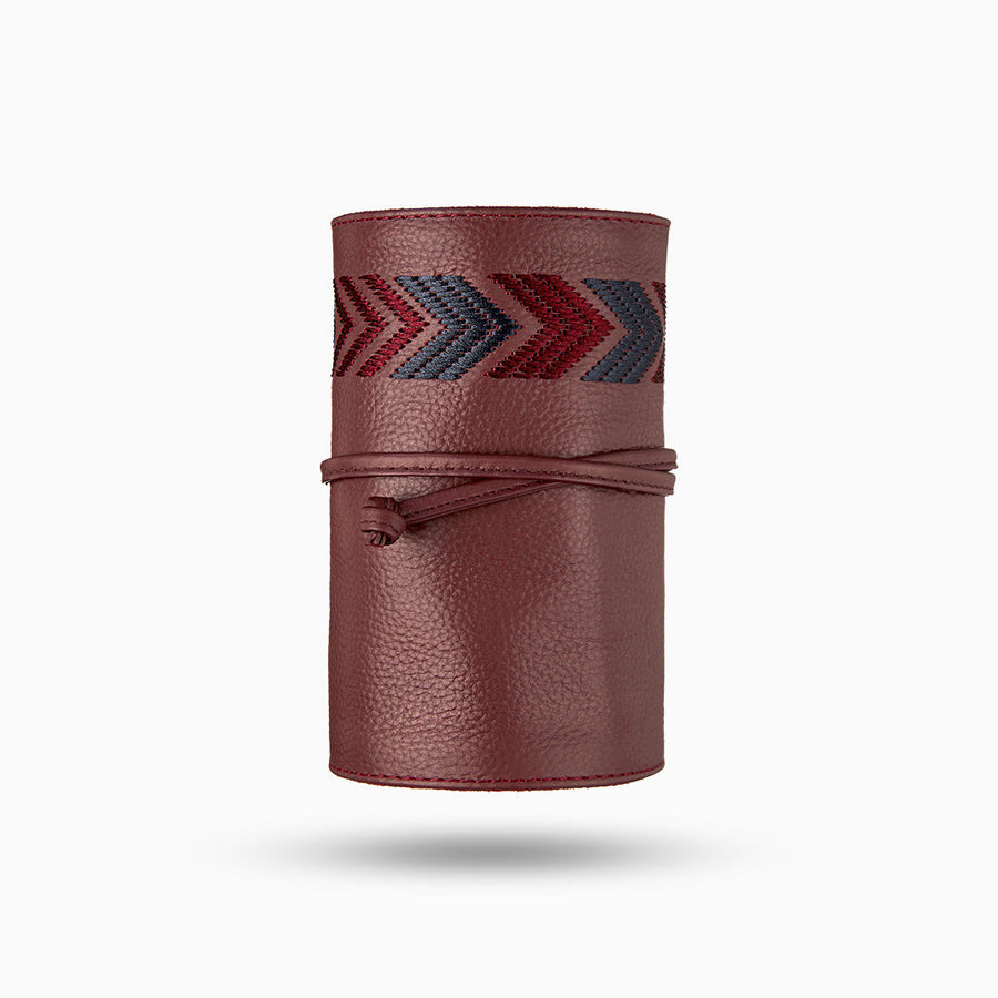Premium 6-piece mobile accessories kit, genuine cowhide leather, soft suede lining, power bank, cables, charger, UK EU US AU adapters, 12-month warranty, Gaucho TechRoll Bordeaux Red by MANTIDY at brixbailey.com