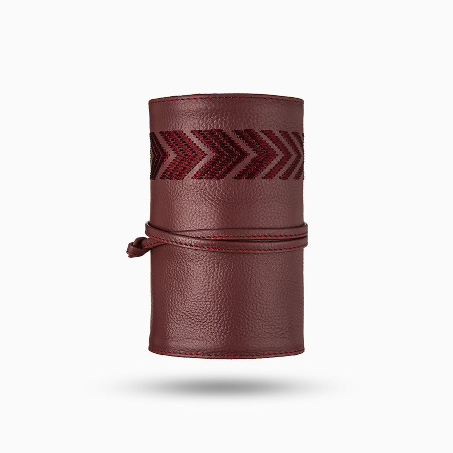 Premium 6-piece mobile accessories kit, genuine cowhide leather and suede, power bank, charging cables, adaptor, UK EU US AU charger, 12-month warranty, Gaucho TechRoll Bordeaux Red by MANTIDY at brixbailey.com