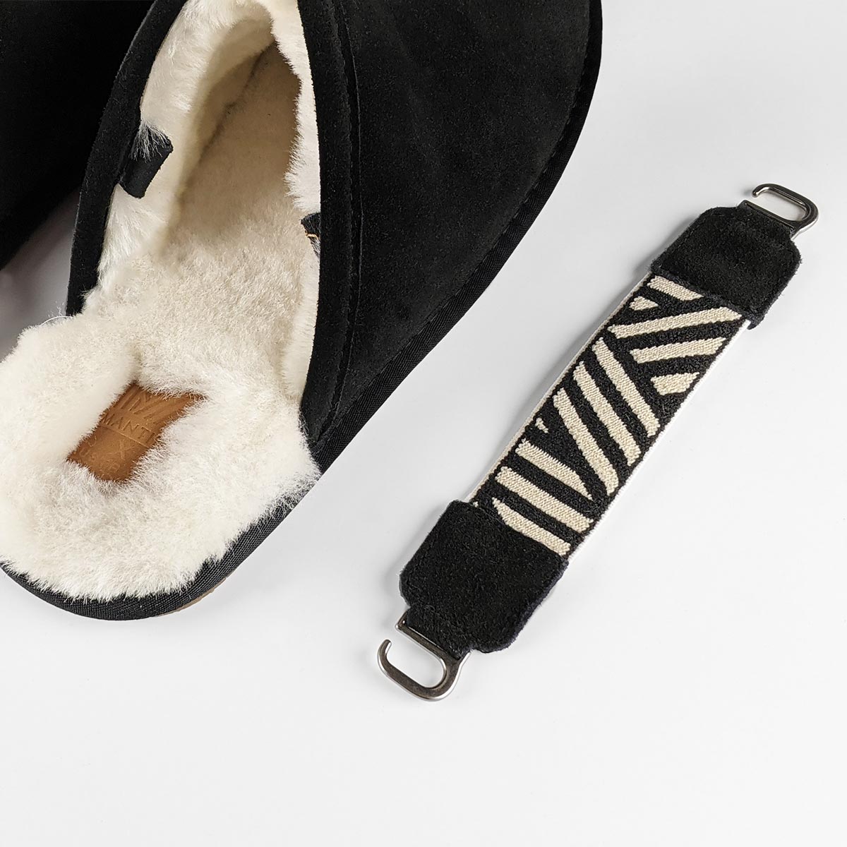 Luxury mens slippers, premium sheepskin slingback with detachable strap, soft shearling lined, slip-resistant EVA sole, black and white by MANTIDY at brixbailey.com
