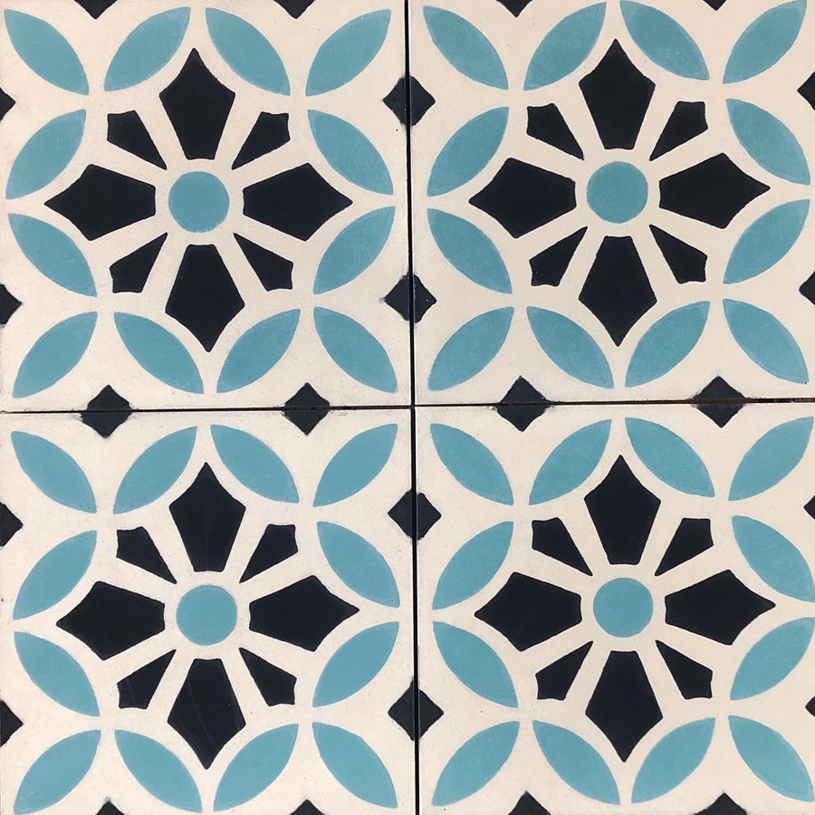 Luxury MAROQ cement tile, blue and white floor tiles, traditional Moroccan design by Maria Starling, premium handcrafted bathroom and kitchen tiles by Maria Starling Design at brixbailey.com