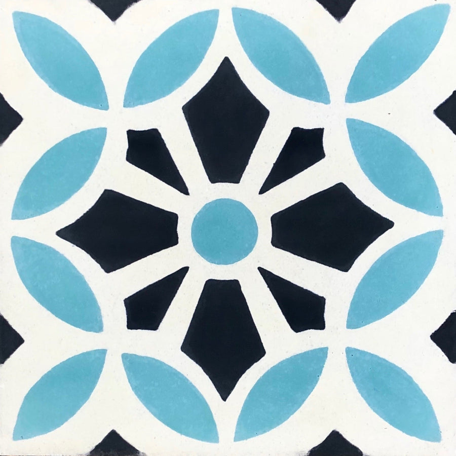 Luxury MAROQ cement floor tiles, turquoise and white Moroccan-inspired design, premium handcrafted tiles for walls and floors by Maria Starling Design at brixbailey.com