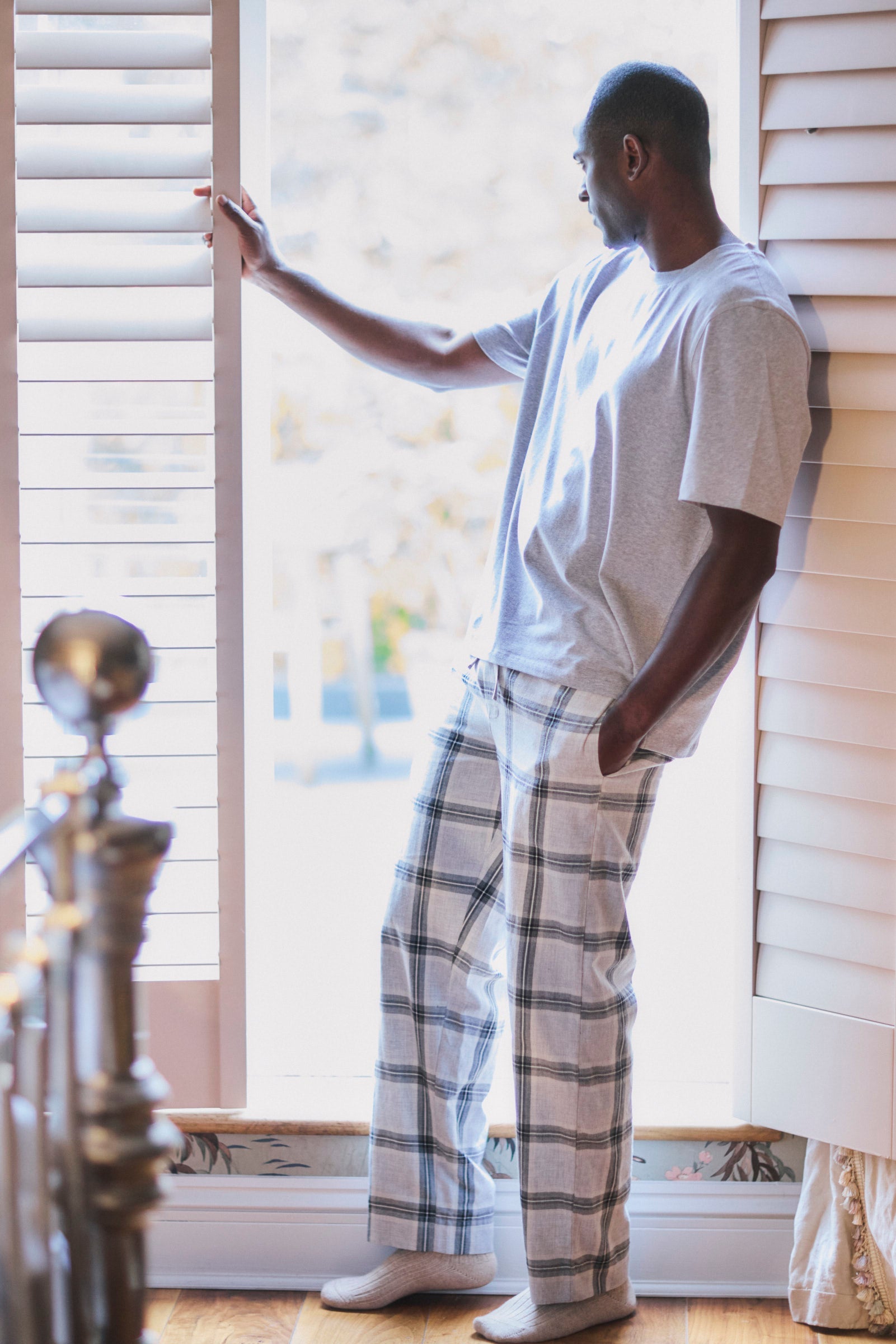 Men's Grey Marl Cotton Modal Short Sleeve Top and Grey Check Bottoms Set