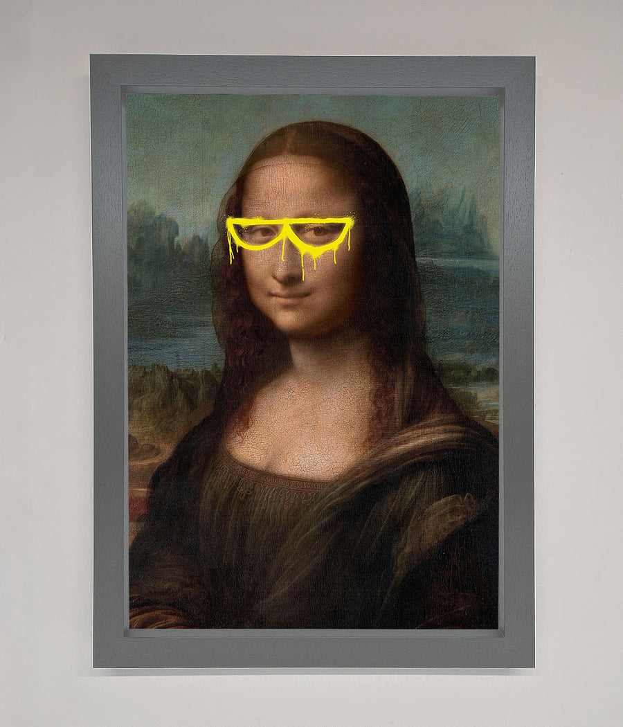 Luxury Mona Lisa with glasses framed print, stylish modern twist on classic artwork, premium home decor, trending best-selling wall art by Zestio at brixbailey.com
