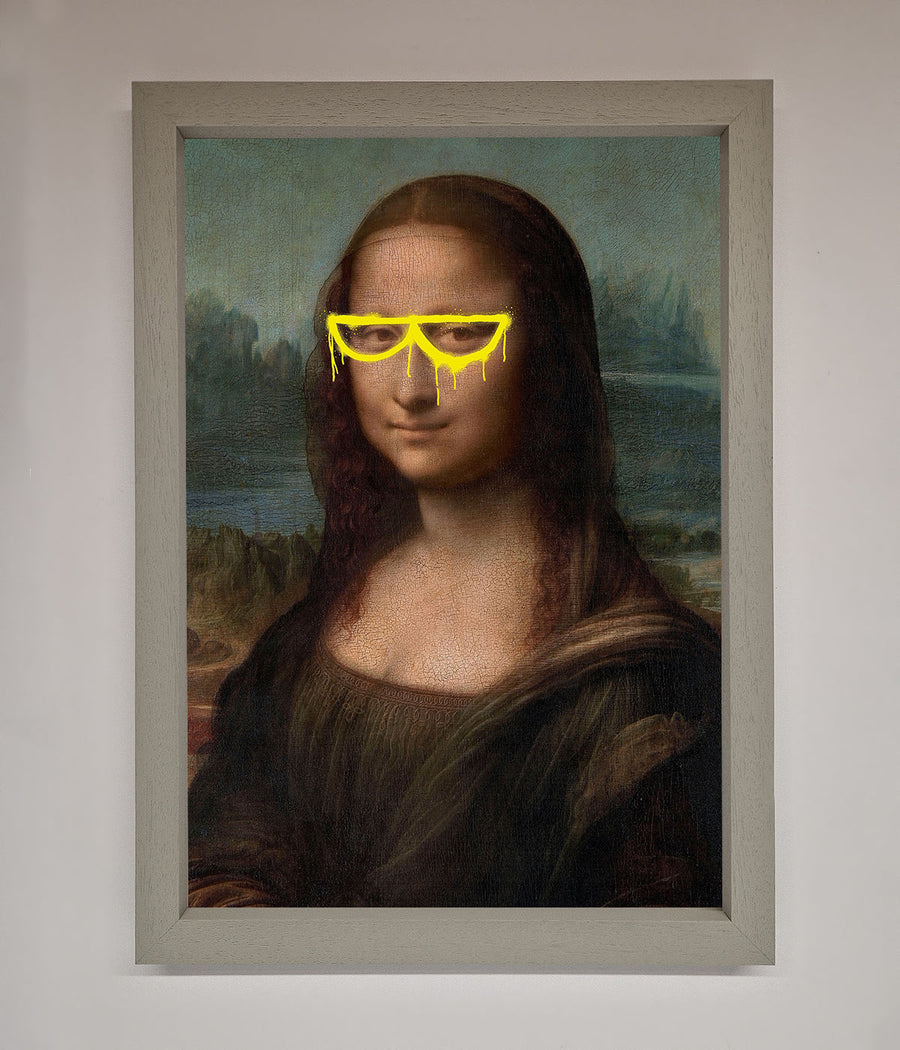 Luxury Mona Lisa Glasses Framed Print, stylish modern twist on classic artwork, premium home decor, trending best-selling wall art by Zestio at brixbailey.com