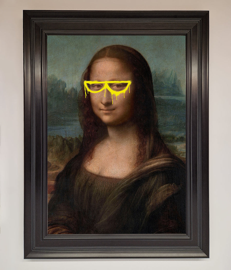 Luxury Mona Lisa with glasses framed print, stylish modern twist on classic art, premium wall decor for home or office by Zestio at brixbailey.com