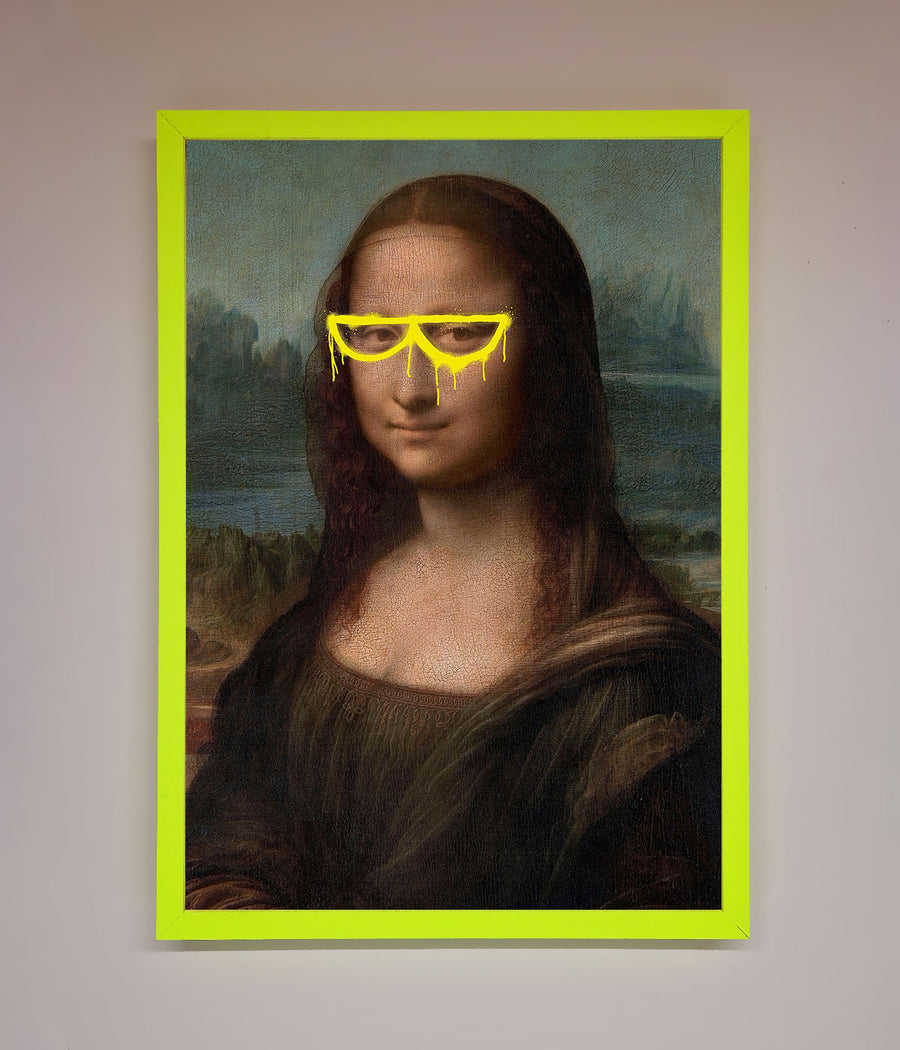 Luxury Mona Lisa Glasses Framed Print, premium classic art with modern twist, stylish home decor, trending artwork, best-selling elegant wall art by Zestio at brixbailey.com