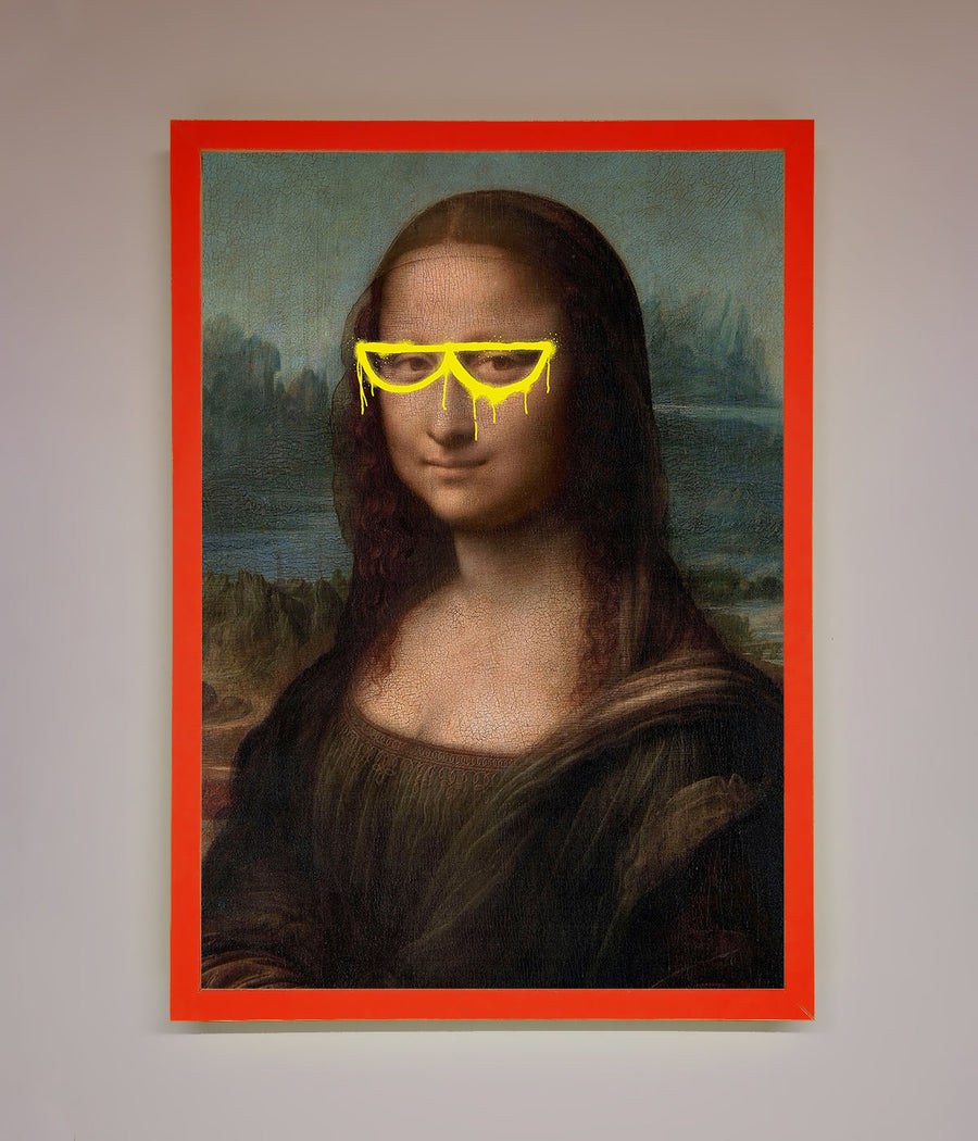 Luxury Mona Lisa Glasses Framed Print, premium modern twist on classic artwork, stylish home decor, trending best-selling wall art by Zestio at brixbailey.com