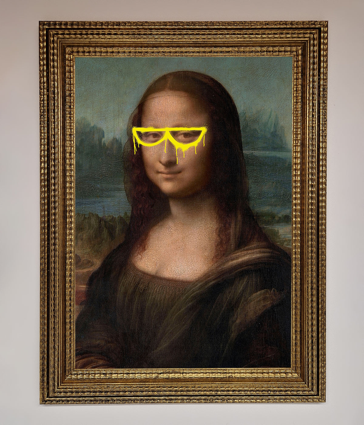 Luxury Mona Lisa Glasses Framed Print, premium modern twist on classic art, stylish home decor, trending conversation piece by Zestio at brixbailey.com