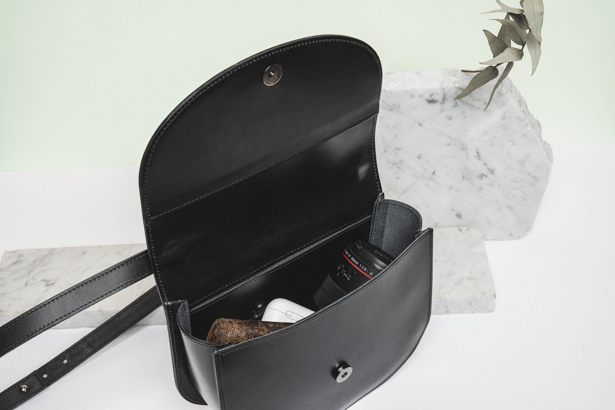 Black Leather Moon Pack Handbag