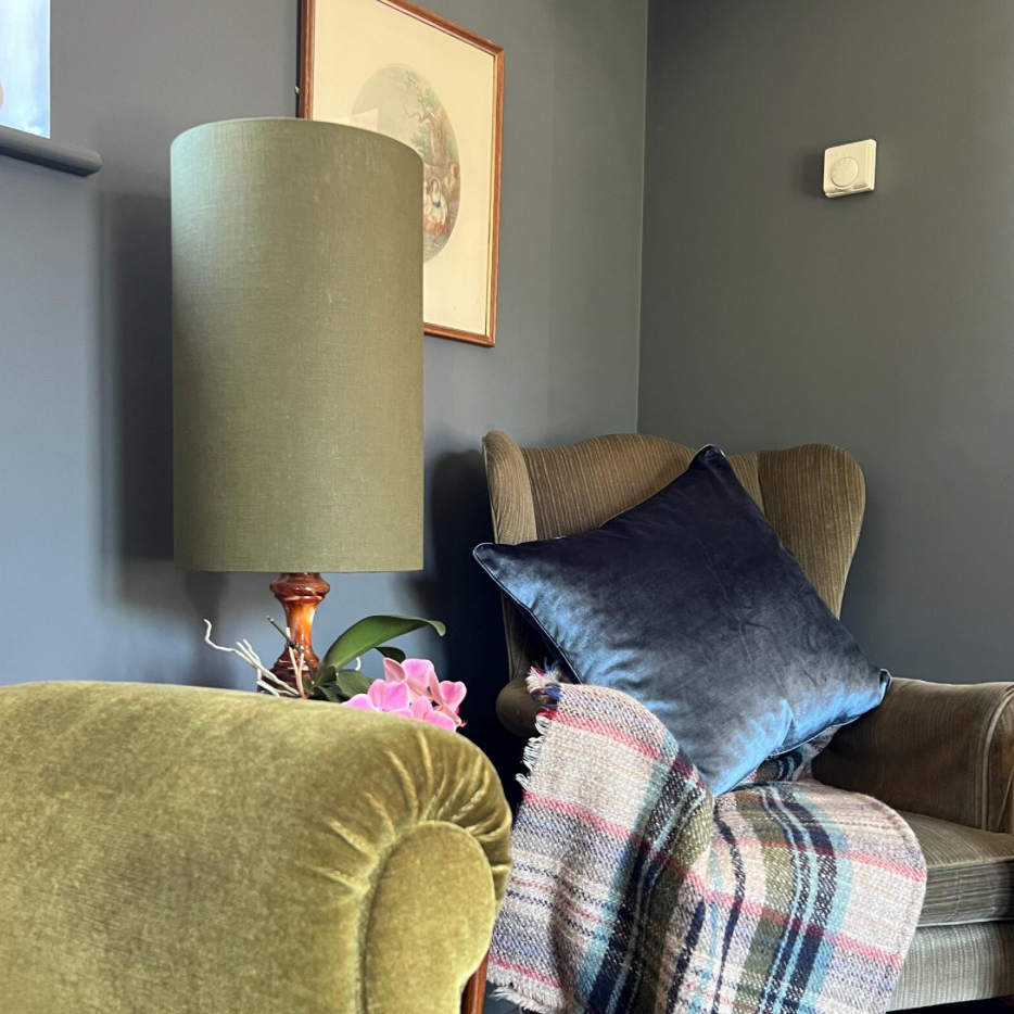 Moss Linen Lampshade | Extra Tall Cylinder Ceiling Light Shade | Bespoke Handmade UK