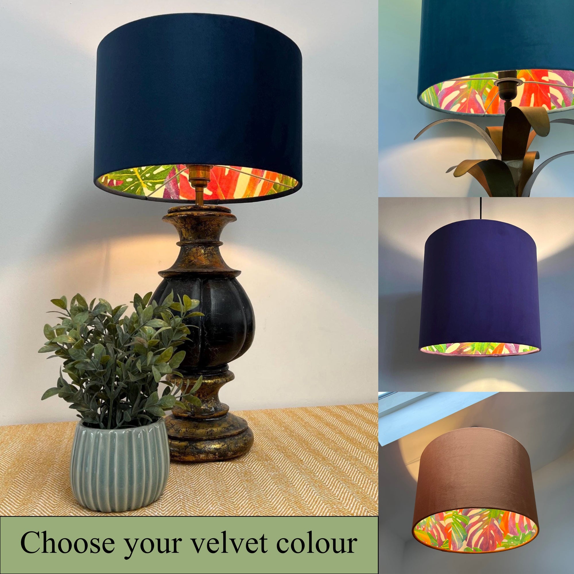 Velvet &amp; Multicoloured Leaves Double Sided Drum Lampshade | Handmade Ceiling Light Shade | Bespoke UK