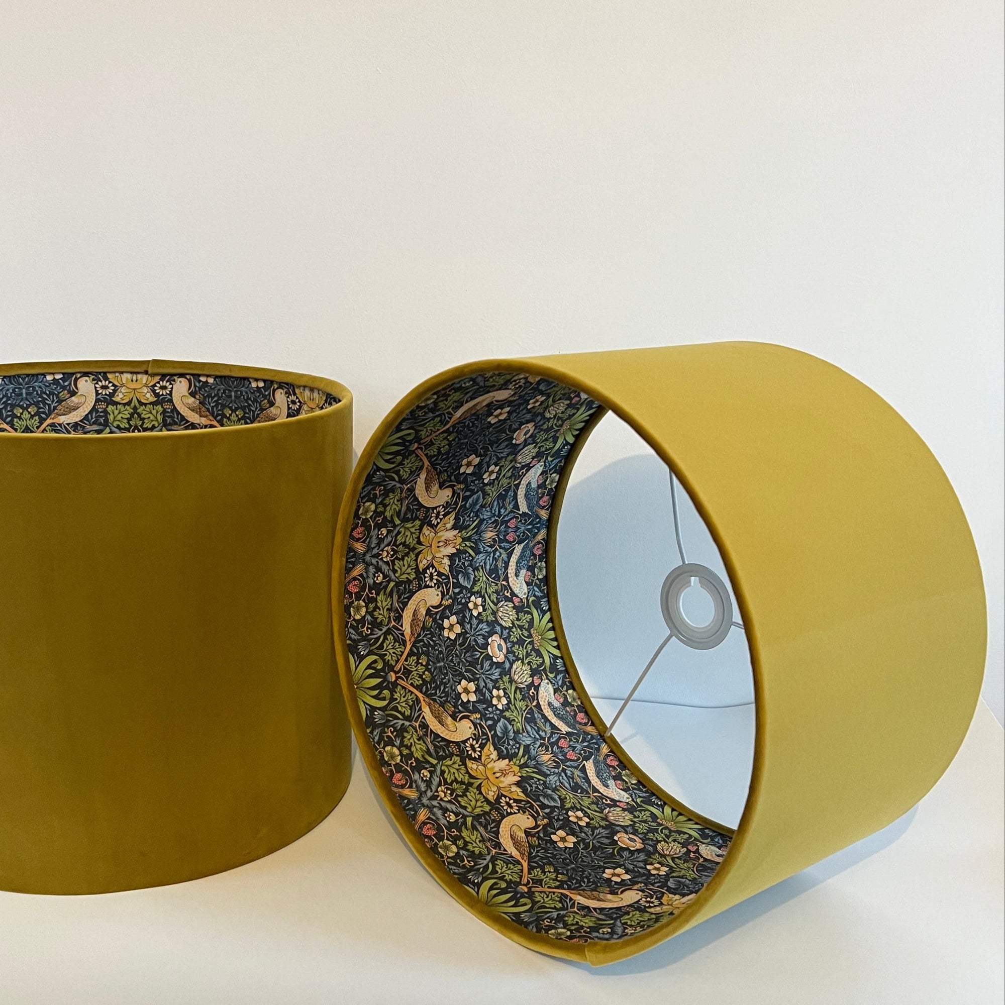 Mustard Velvet &amp; Navy Strawberry Thief Double Sided Drum Lampshade | Handmade Ceiling Light Shade | Bespoke UK