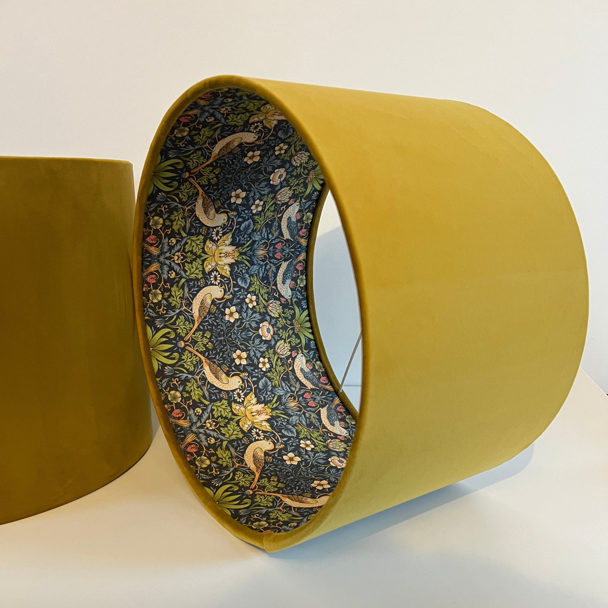 Mustard Velvet &amp; Navy Strawberry Thief Double Sided Drum Lampshade | Handmade Ceiling Light Shade | Bespoke UK