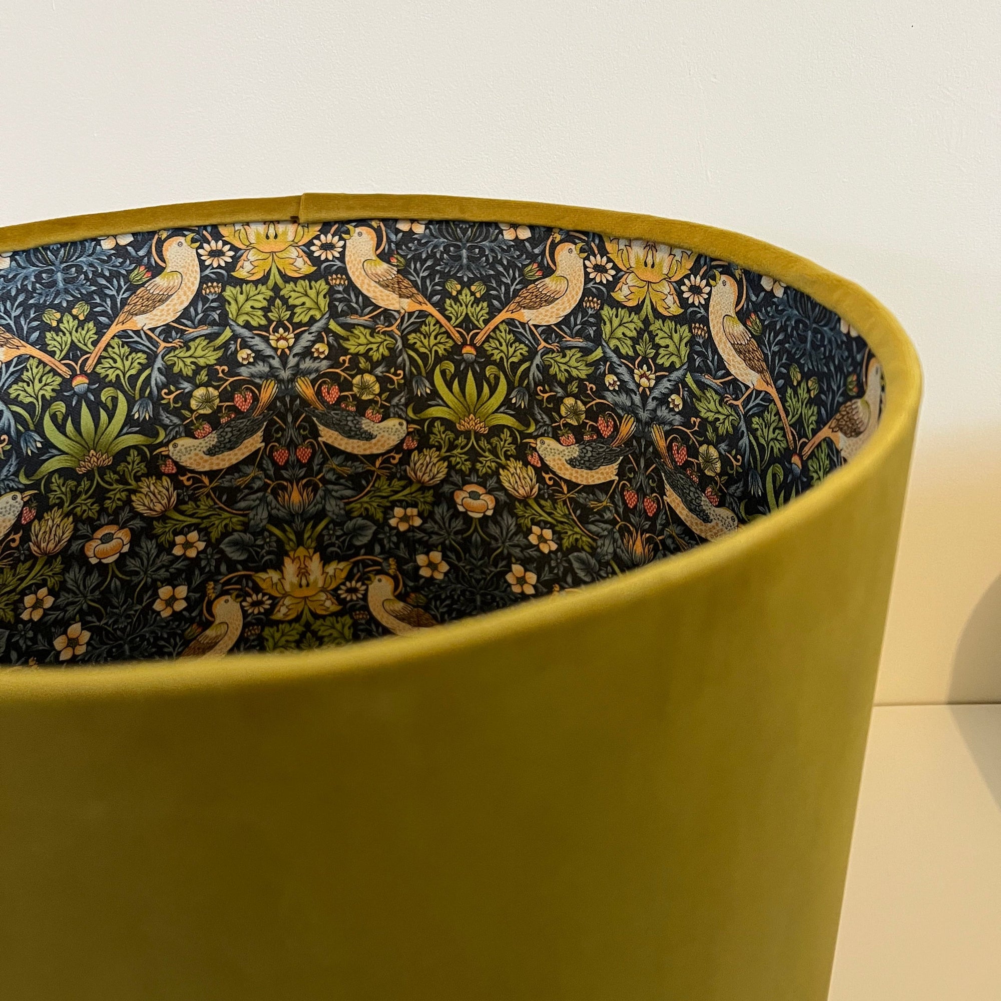 Mustard Velvet &amp; Navy Strawberry Thief Double Sided Drum Lampshade | Handmade Ceiling Light Shade | Bespoke UK