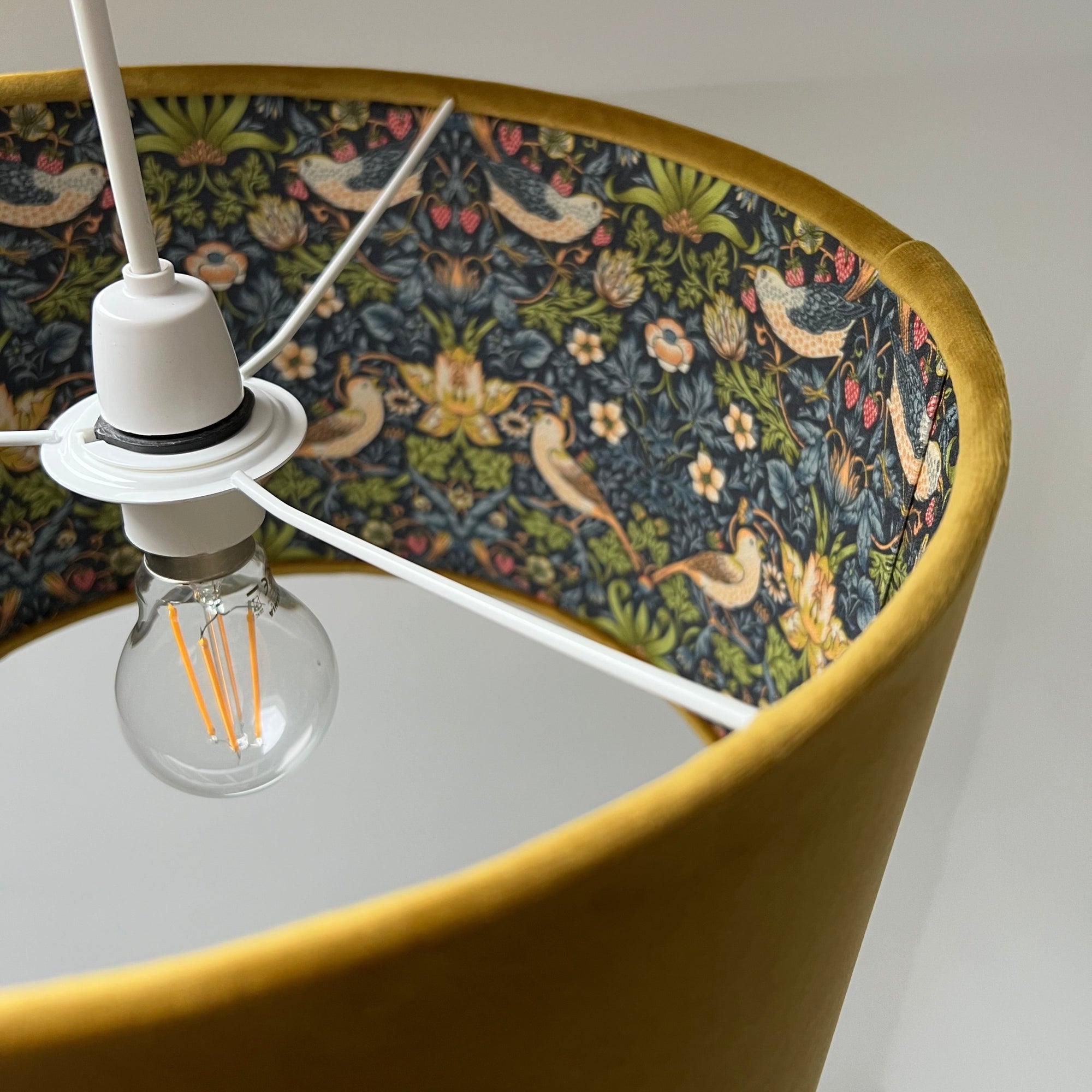 Mustard Velvet &amp; Navy Strawberry Thief Double Sided Drum Lampshade | Handmade Ceiling Light Shade | Bespoke UK