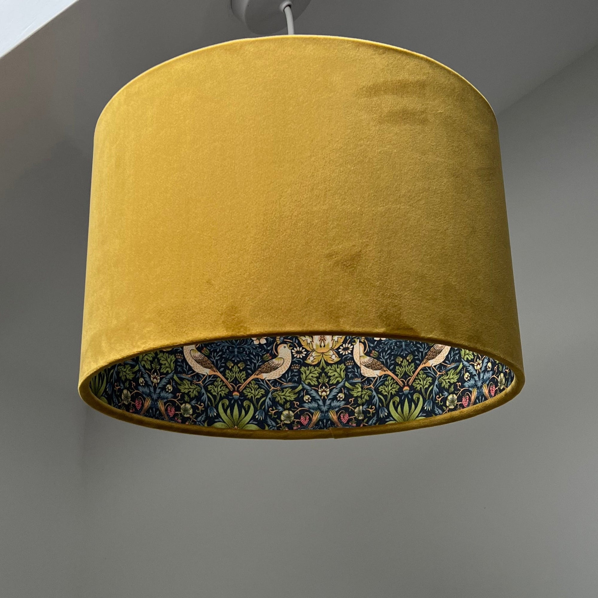 Mustard Velvet &amp; Navy Strawberry Thief Double Sided Drum Lampshade | Handmade Ceiling Light Shade | Bespoke UK