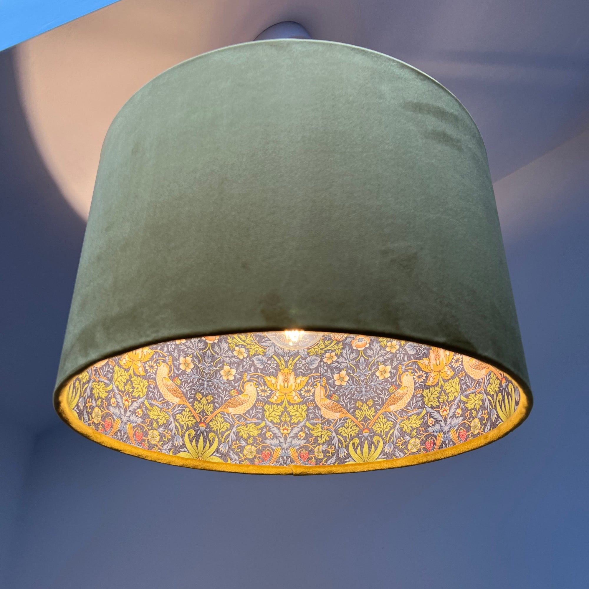 Mustard Velvet &amp; Navy Strawberry Thief Double Sided Drum Lampshade | Handmade Ceiling Light Shade | Bespoke UK