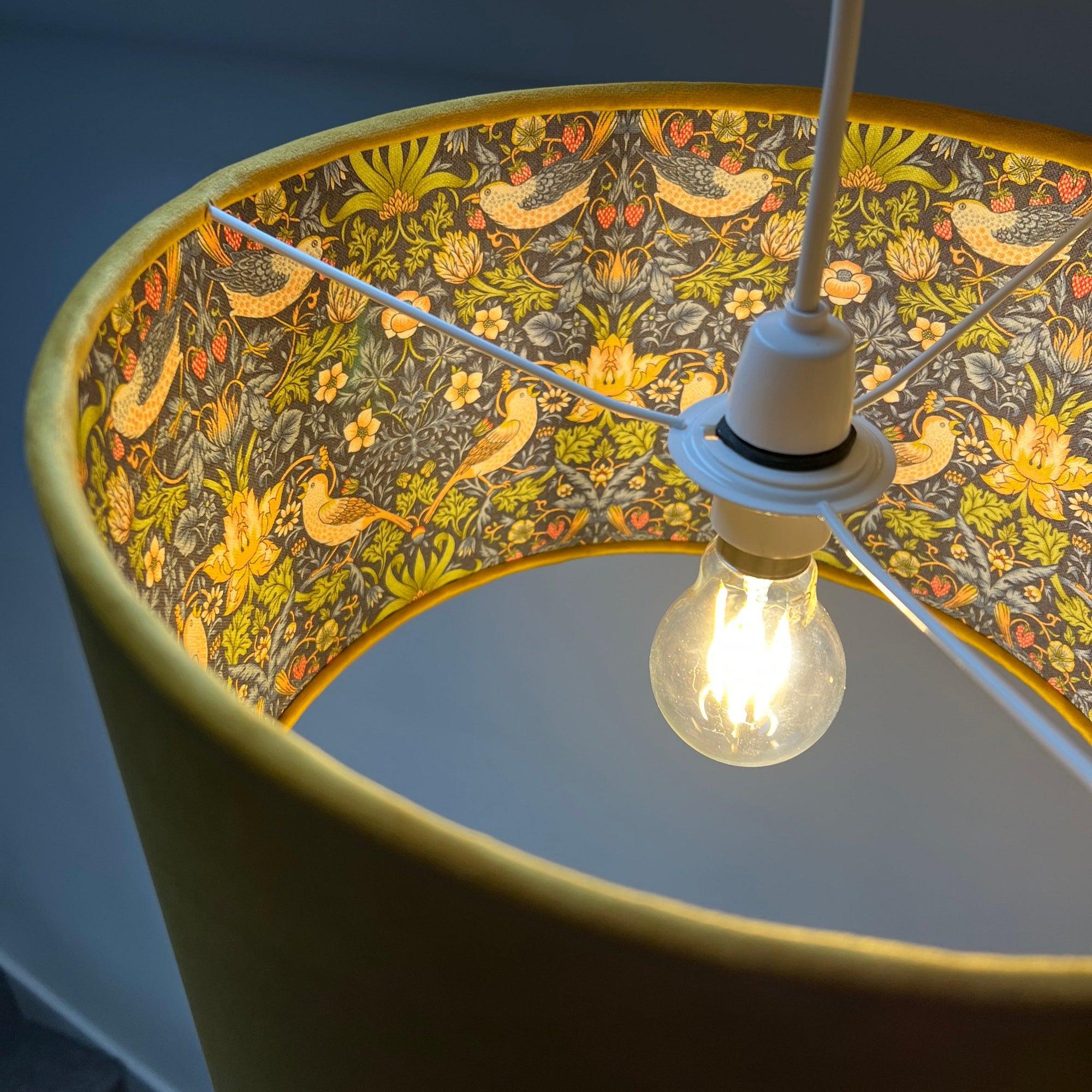 Mustard Velvet &amp; Navy Strawberry Thief Double Sided Drum Lampshade | Handmade Ceiling Light Shade | Bespoke UK