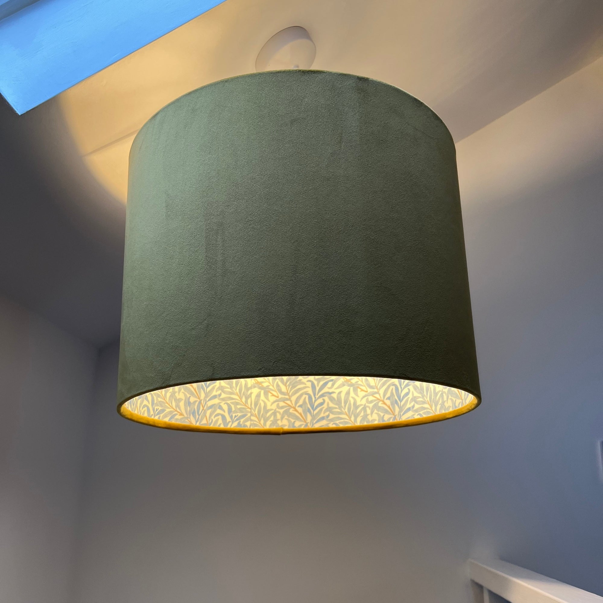 Mustard Velvet &amp; William Morris Blue Willow Leaves Double Sided Drum Lampshade | Handmade Ceiling Light Shade | Bespoke UK
