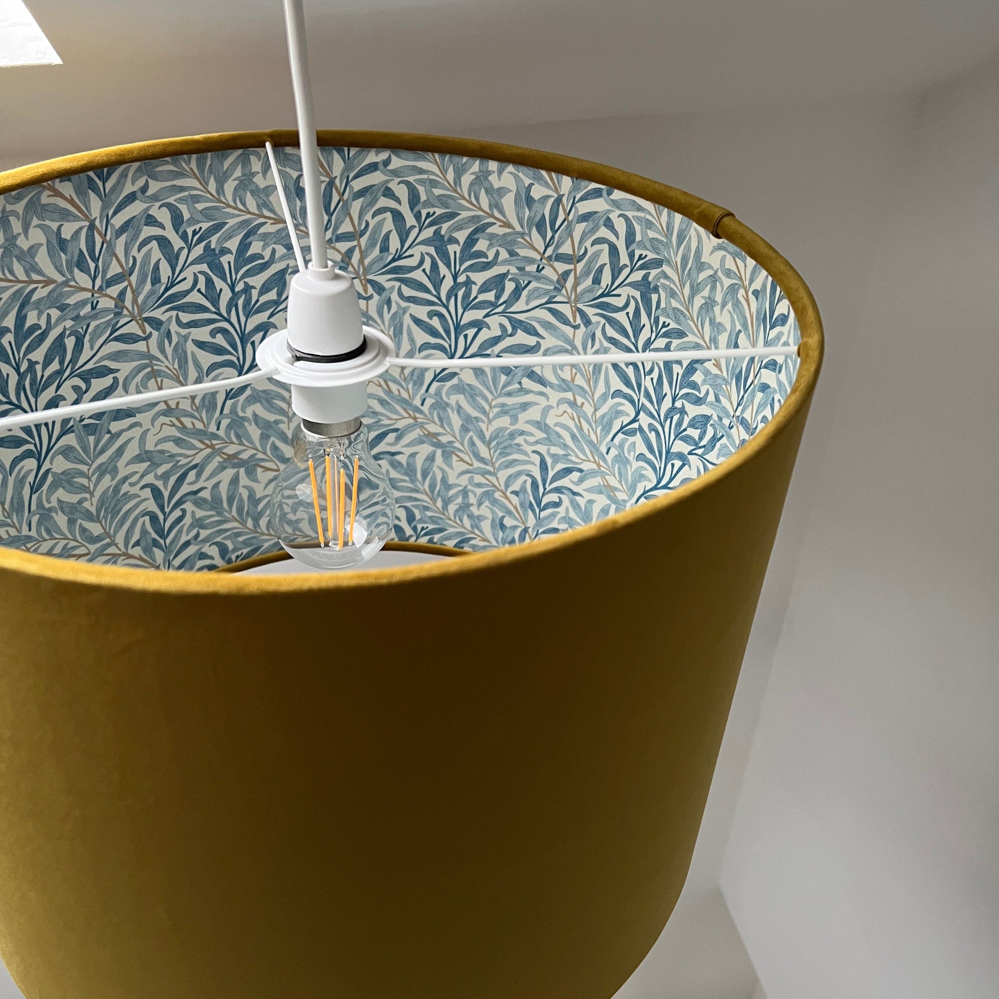 Mustard Velvet &amp; William Morris Blue Willow Leaves Double Sided Drum Lampshade | Handmade Ceiling Light Shade | Bespoke UK