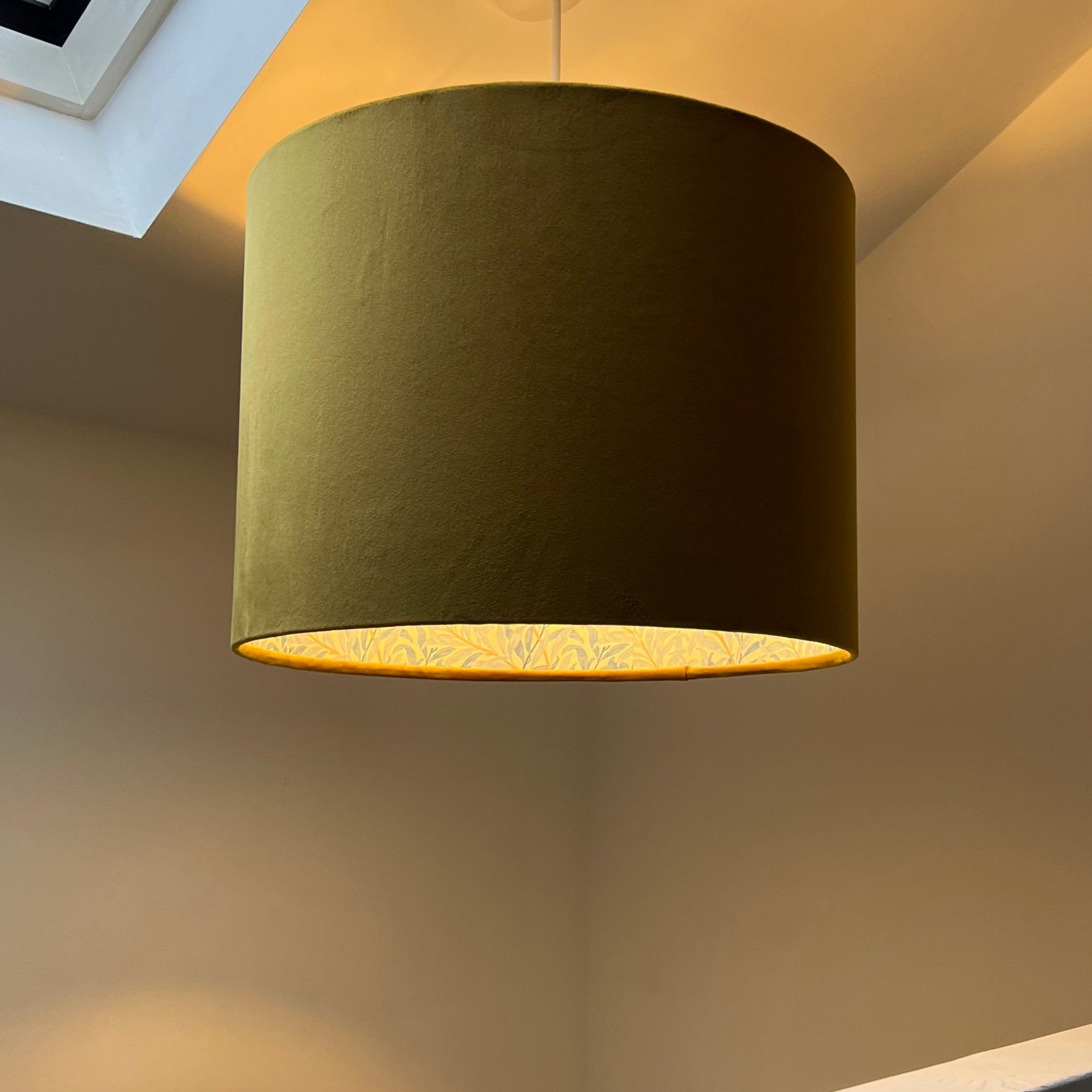 Mustard Velvet &amp; William Morris Blue Willow Leaves Double Sided Drum Lampshade | Handmade Ceiling Light Shade | Bespoke UK