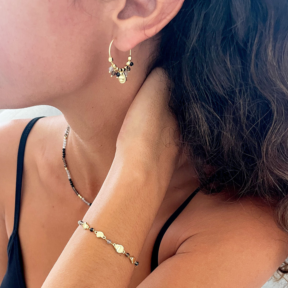 Mixed Gemstone Beaded Necklace with Black Onyx, Smoky Quartz and Labradorite