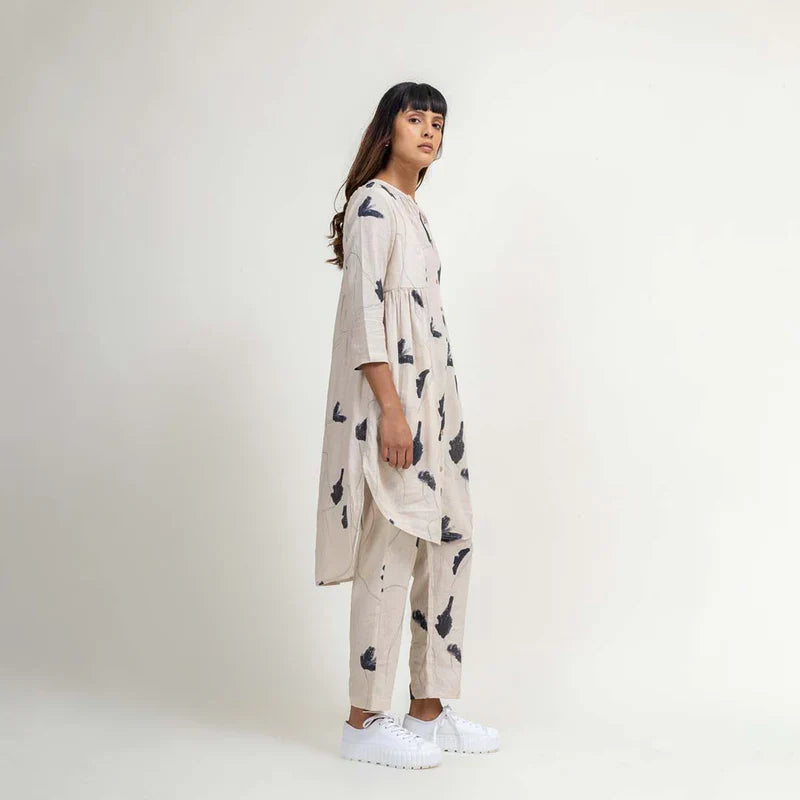 Luxury Naomi printed set, side paneled tunic with tapered cotton pants, cream printed upcycled cotton linen by Bethikal at brixbailey.com