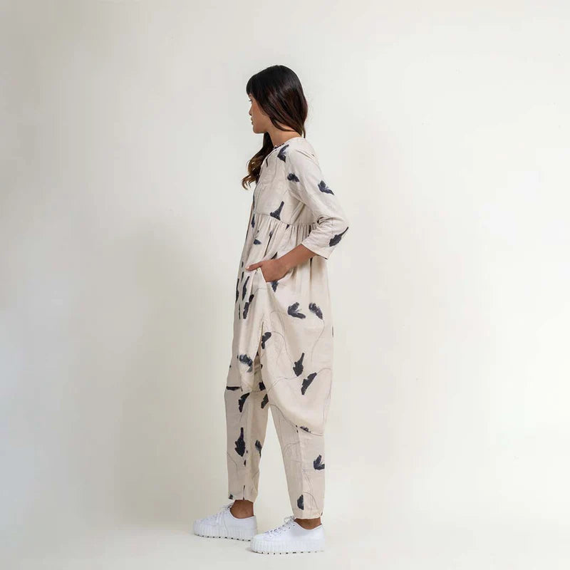 Luxury cream printed tunic and pants set, side paneled tunic with button front, tapered cotton pants, upcycled linen-cotton blend by Bethikal at brixbailey.com
