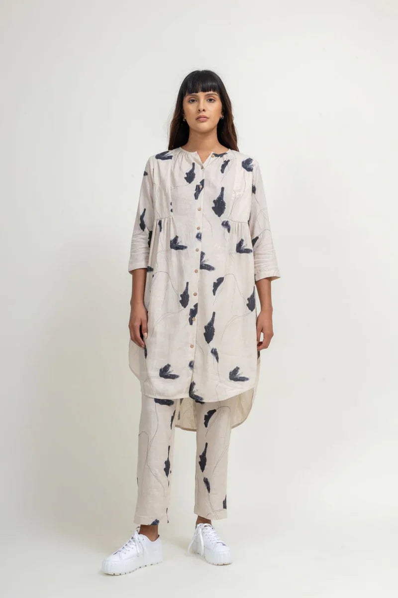 Luxury Naomi printed set, premium side paneled tunic with tapered cotton pants, cream printed upcycled cotton linen by Bethikal at brixbailey.com