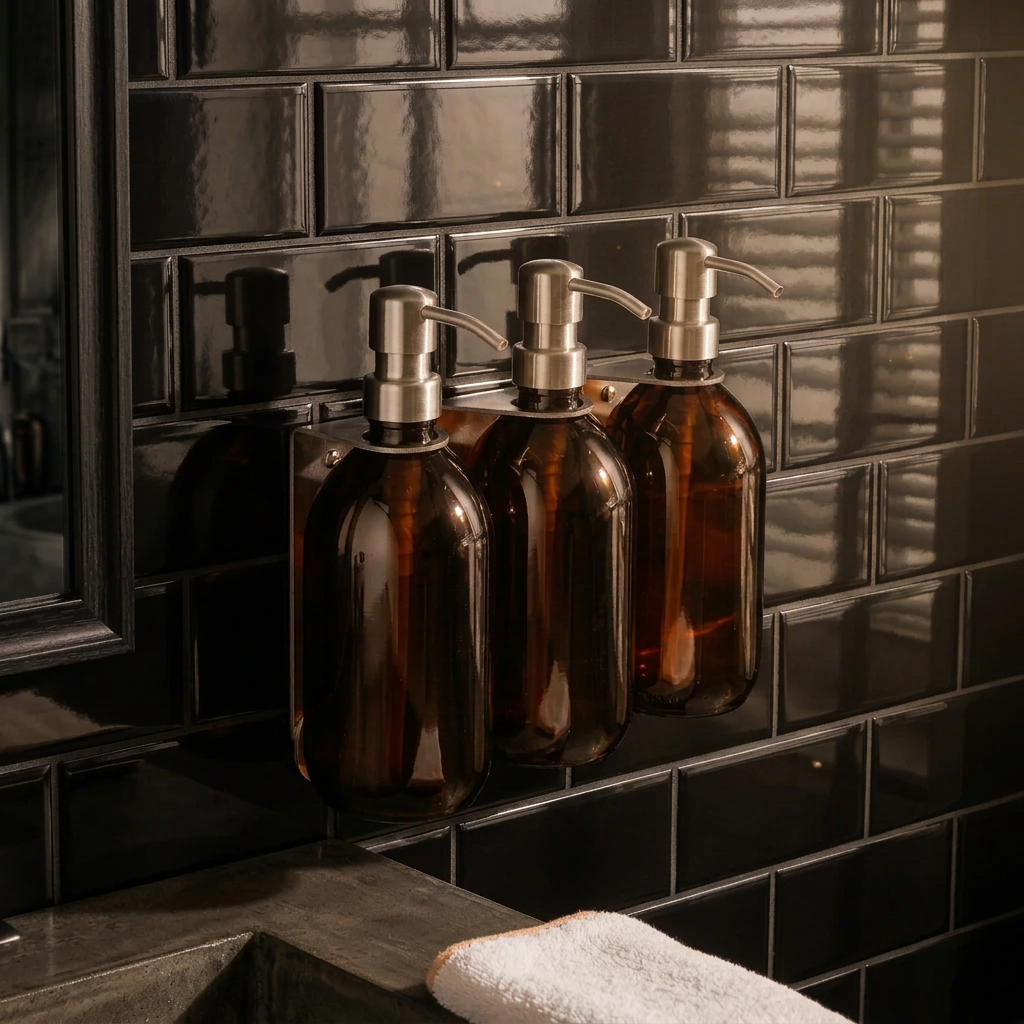 Four amber glass Kuishi bottles with silver pump dispensers at Brix + Bailey