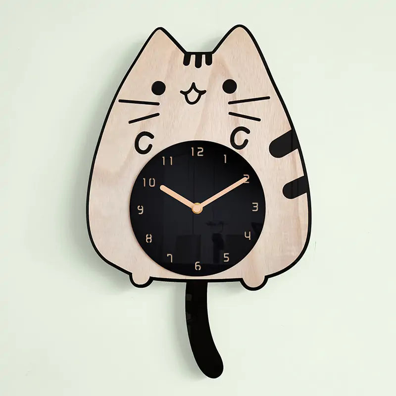 3D Wooden Cartoon Cat Wall Clock - Whimsical, Educational & Quiet for Kids Rooms by Baby Lamby at brixbailey.com